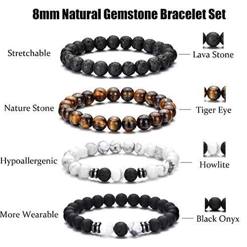 Detalle de RANKEEF Tiger Eye Bracelet Set for Men – 8mm Natural Stone Beads, Lava Rock & Black Crystal, Adjustable Unisex Gift