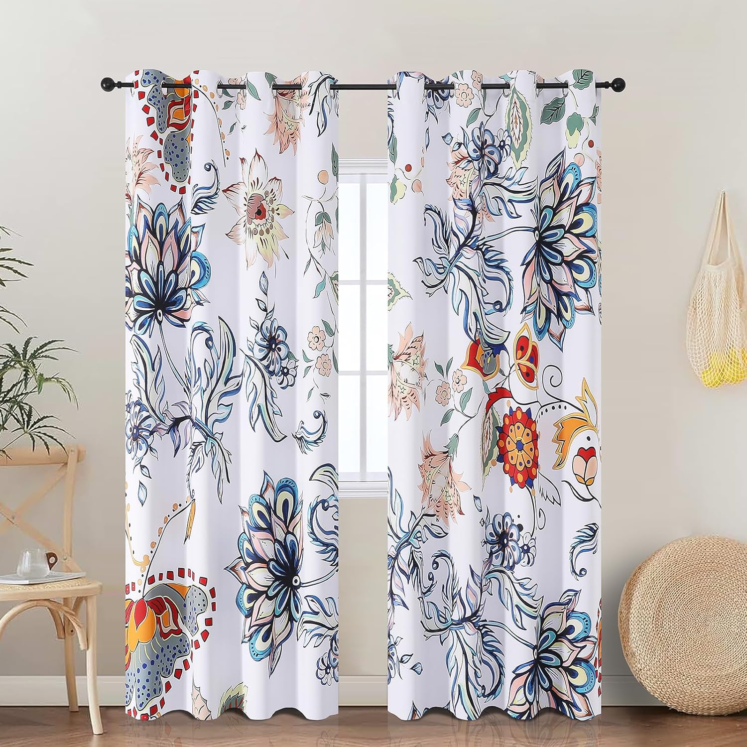 Detalle de VEHEDE Floral Room Darkening Curtains - Boho Blue Flower, 2 Panels, 52 x 84 inches