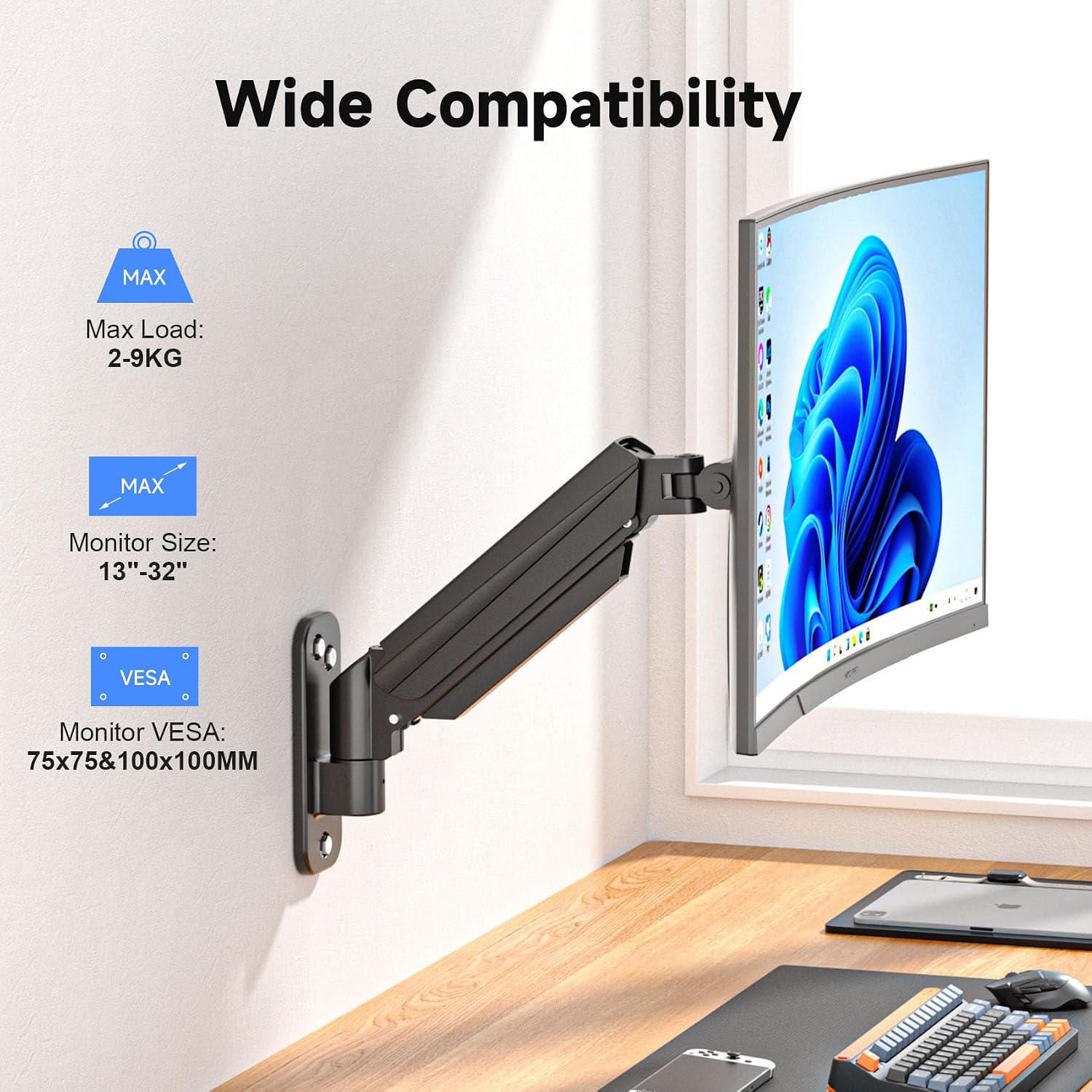 Detalle de Suptek Supporto da parete per monitor 13–32 pollici con molla a gas, inclinabile, ruotabile e regolabile in altezza