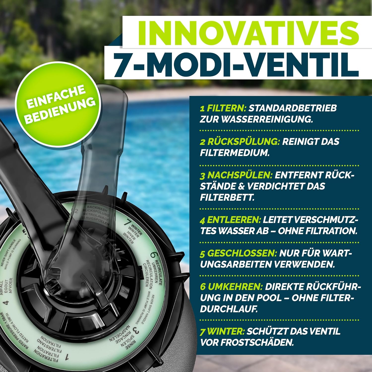 Detalle de tillvex® Sandfilteranlage für Pool: 13.200 L/h bis 40.000 L, 7-Wege-Ventil & 2in1 Adapter (Ø 32–38 mm)