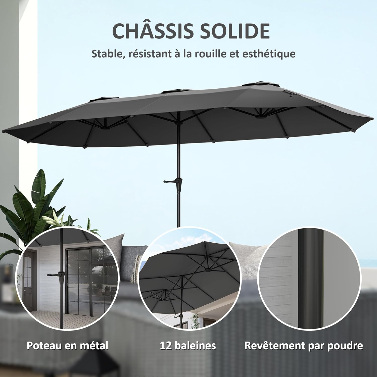 Thumbnail 4 de Outsunny Parasol de jardin extérieur double rectangulaire 4 x 2,2 x 2,34 m – manivelle