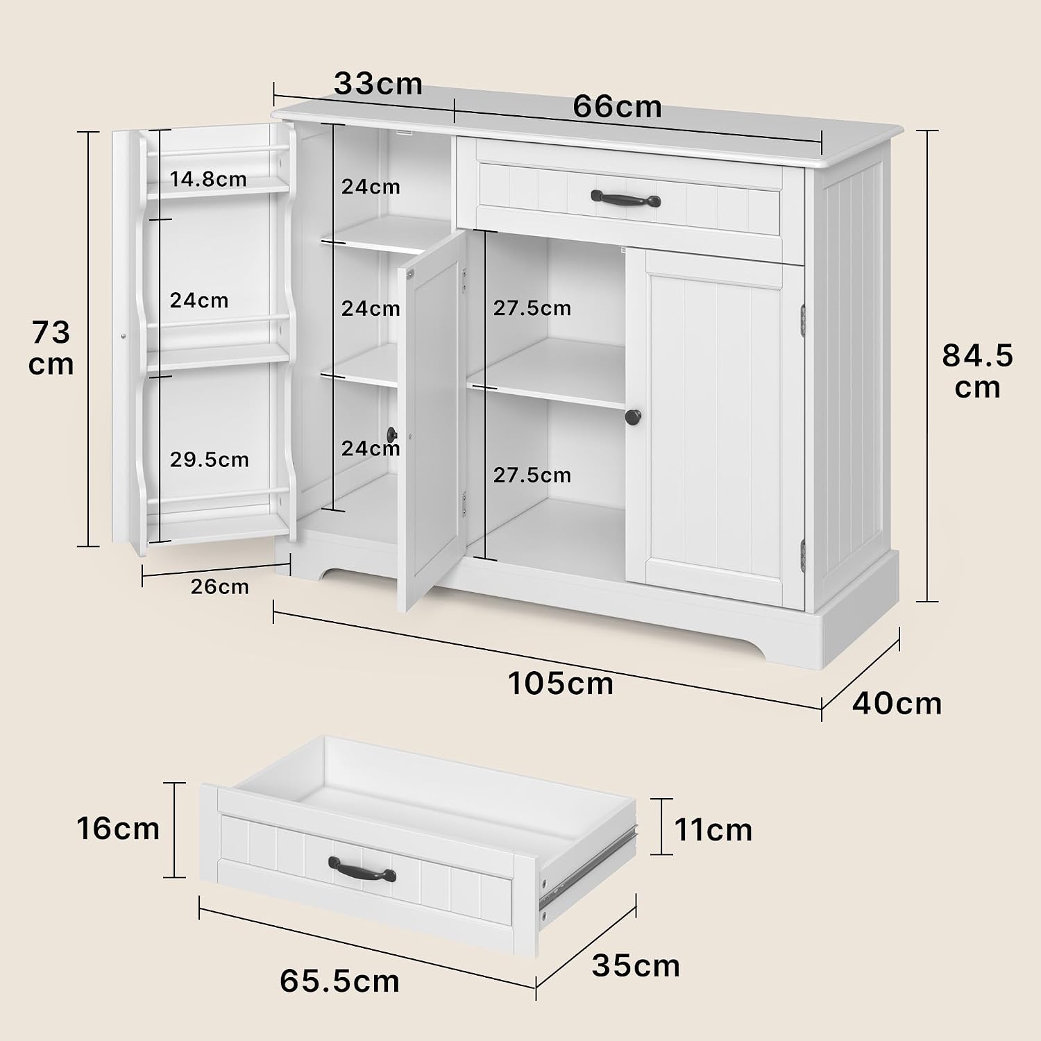 Detalle de Xbro AP102 opbergkast met lade, 105 cm breed, wit en afsluitbaar