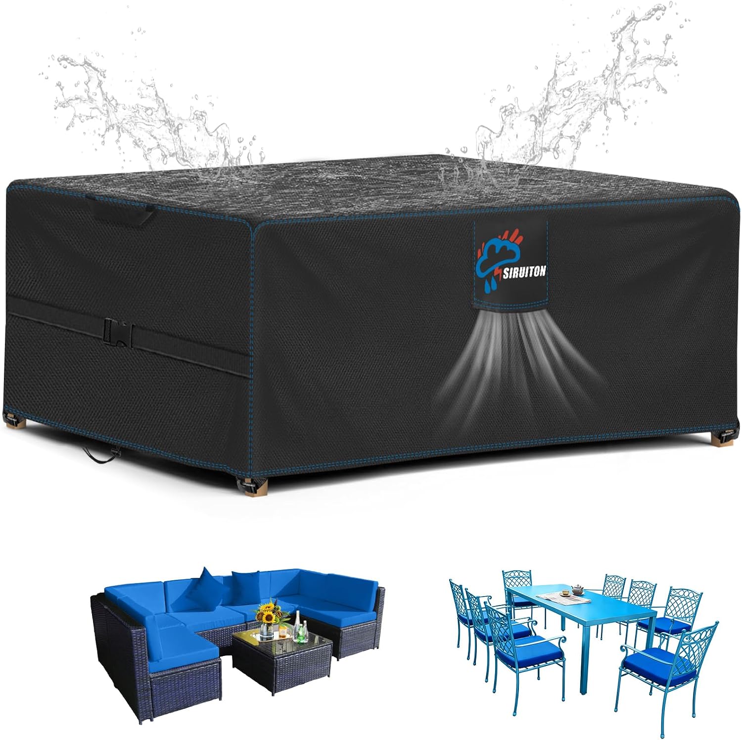Detalle de SIRUITON 250x180x90cm 420D Oxford Garden Furniture Cover for Patio Tables (Air Vent, Waterproof & Windproof)