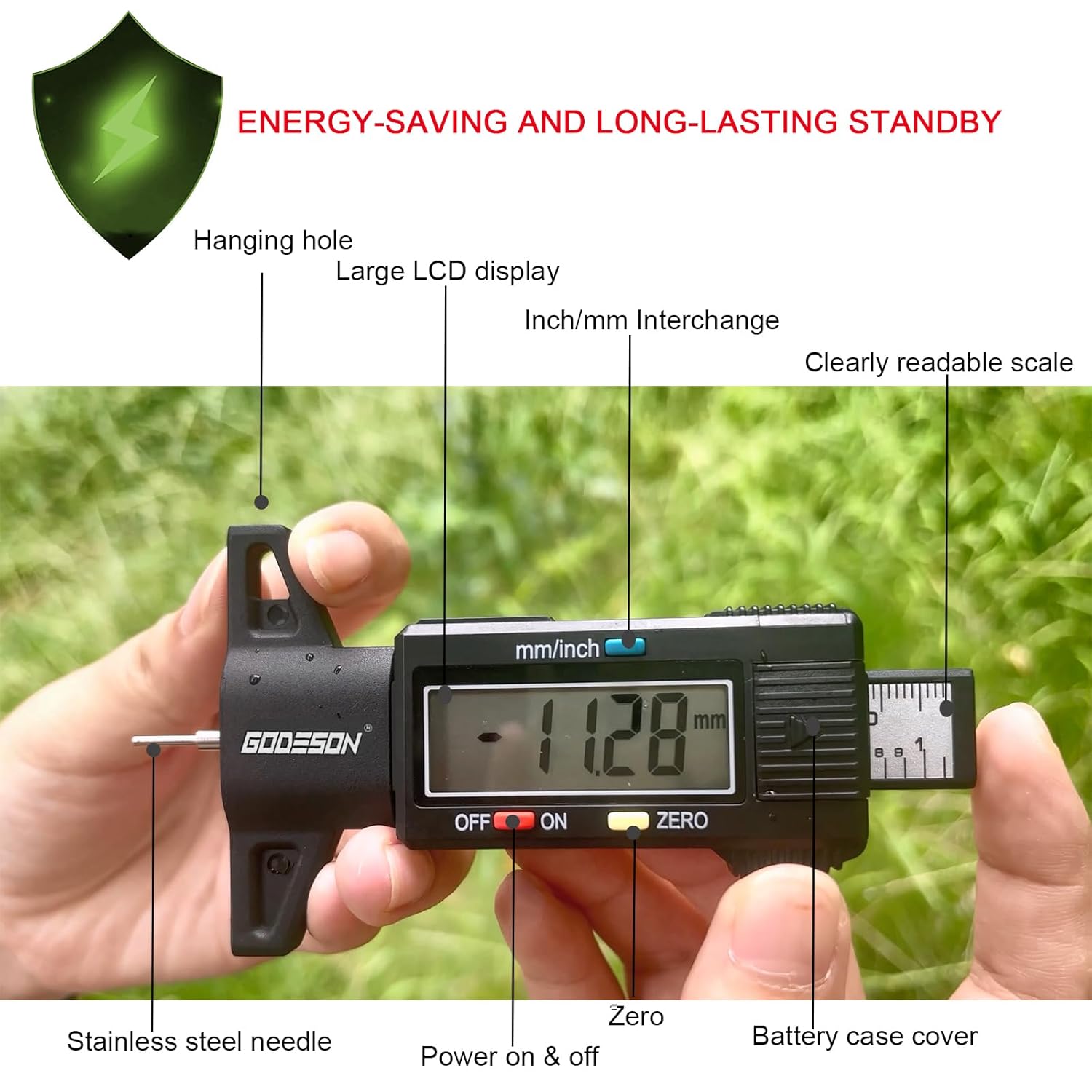 Thumbnail 2 de GODESON Digital Tyre Tread Depth Gauge (UK) – 0–25.4mm/0–1in, 0.01mm accuracy with large LCD