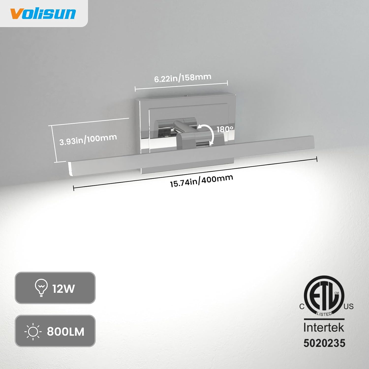Detalle 2 de VOLISUN 15.7-inch Chrome LED Vanity Light, 5 CCT, Dimmable, Rotatable