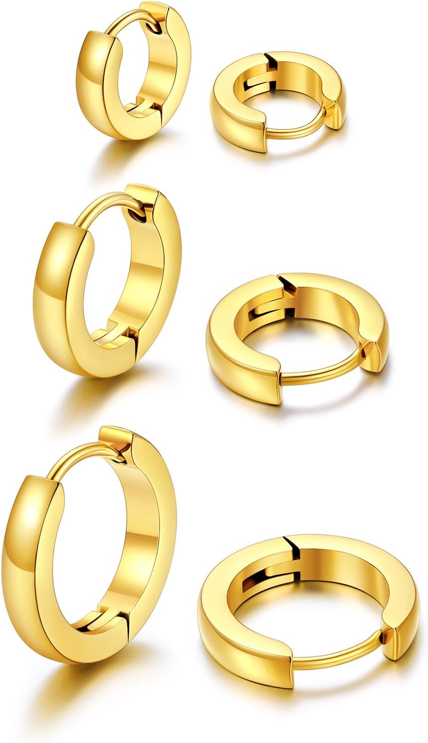 Detalle de U7 set orecchini cerchio huggie da uomo e donna: 3 paia in acciaio inox, diametri 7/9/12 mm (argento/oro/nero)