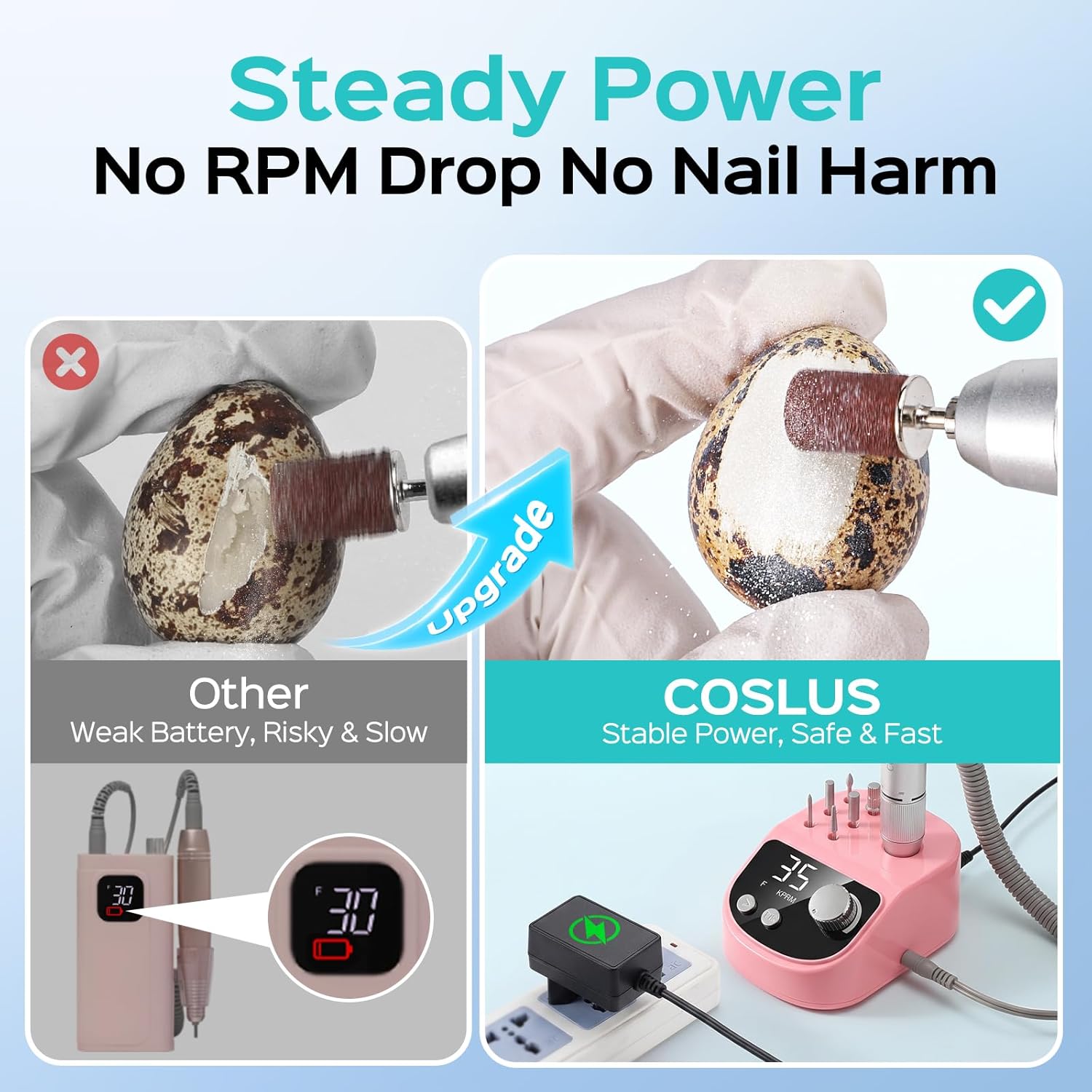 Detalle de COSLUS E50 Professional Electric Nail Drill File — 35000 RPM, LED Display, for Acrylic, Gel & Natural Nails