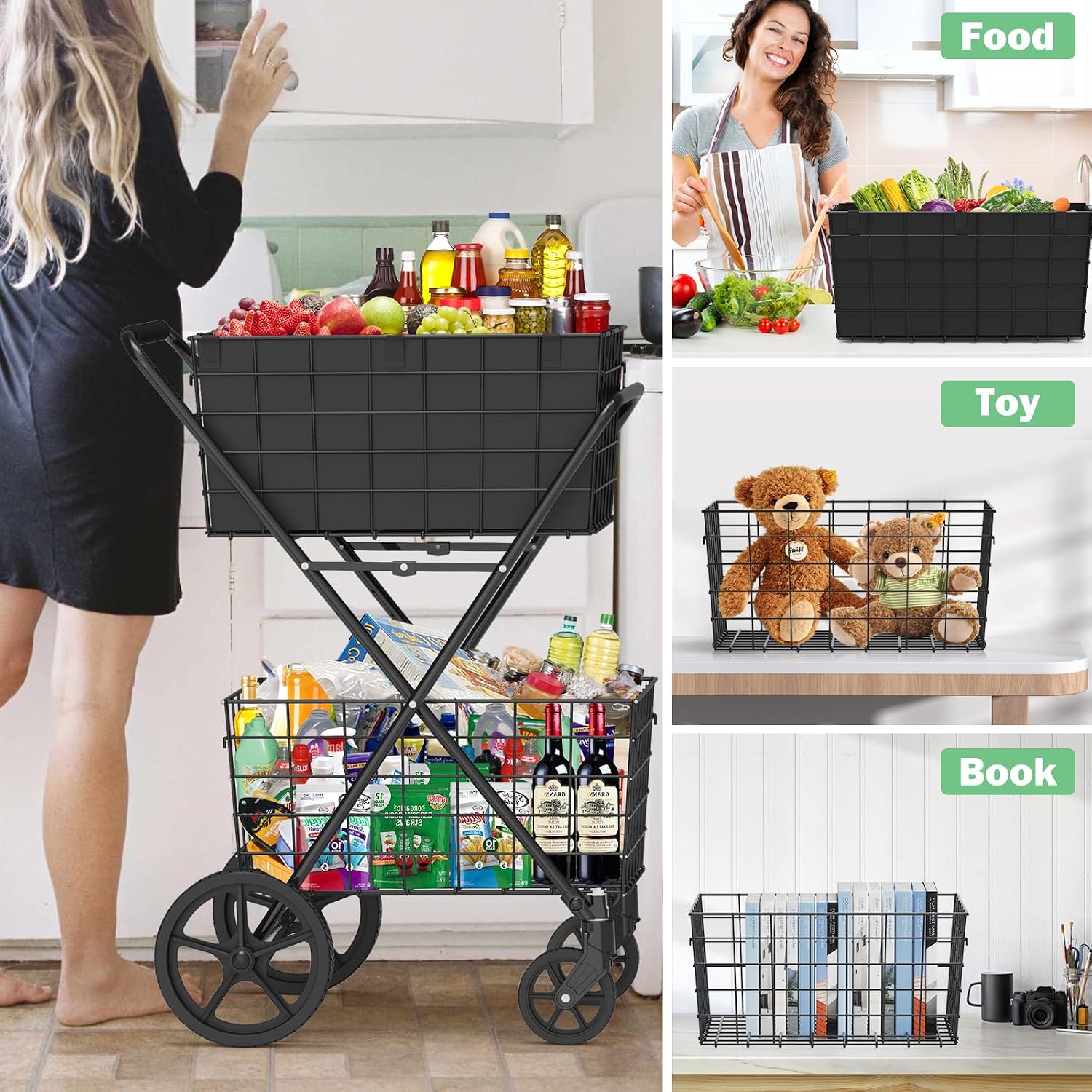Thumbnail 6 de RXUJYC 2-Tier Shopping Cart For Groceries 001, Foldable Cart with 2 Baskets