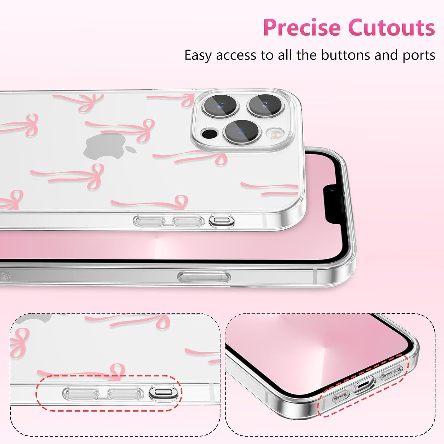 Detalle 2 de ZTOFERA Durchsichtige Hülle für iPhone 15 Pro Max (6,7") mit Bowknot-Design – weiches TPU, stoßfest, hellrosa