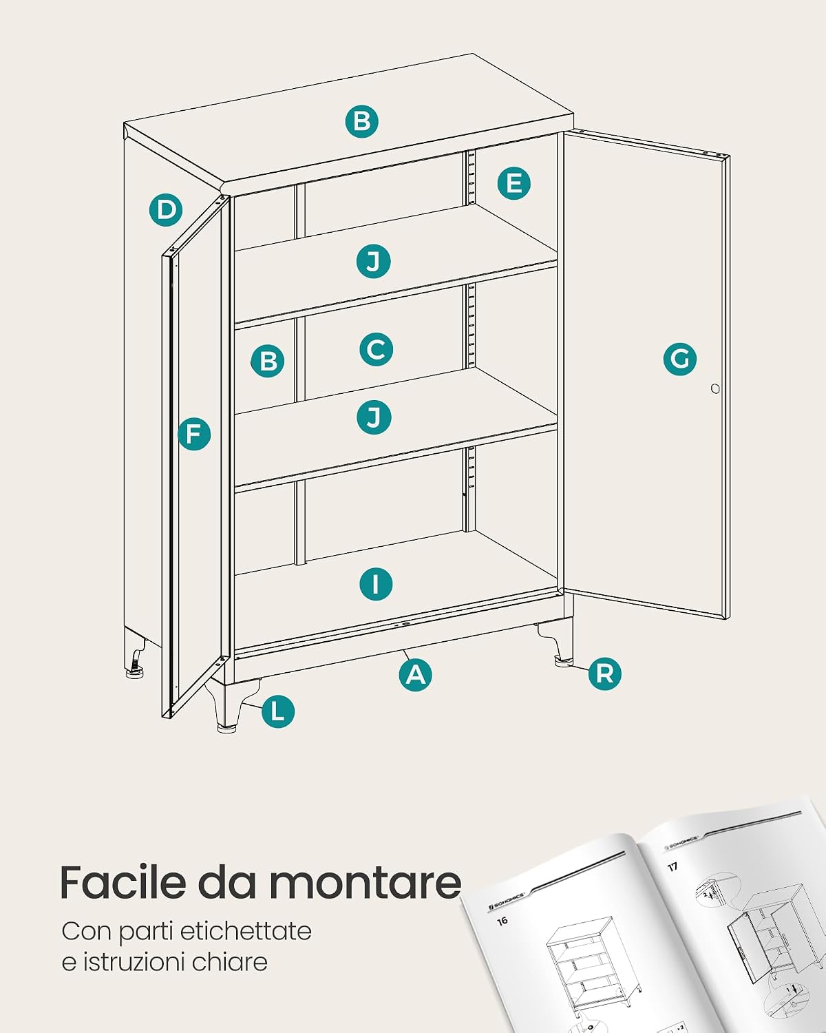 Thumbnail 6 de SONGMICS Armadietto in Metallo OMC012G01: Armadio a 2 Ante, 40x60x90 cm, Serratura, Grigio Opaco