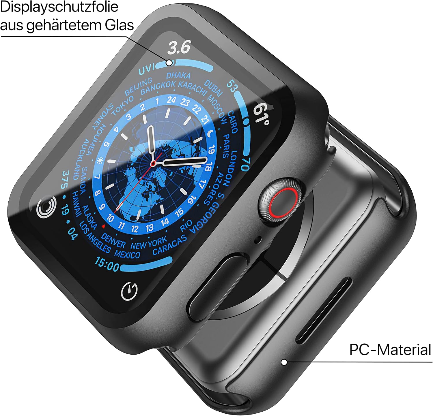 Thumbnail 2 de Misxi Hard Hülle mit Glas-Displayschutz für Apple Watch Series 9/8/7 (45 mm) – 2er-Set, schwarz