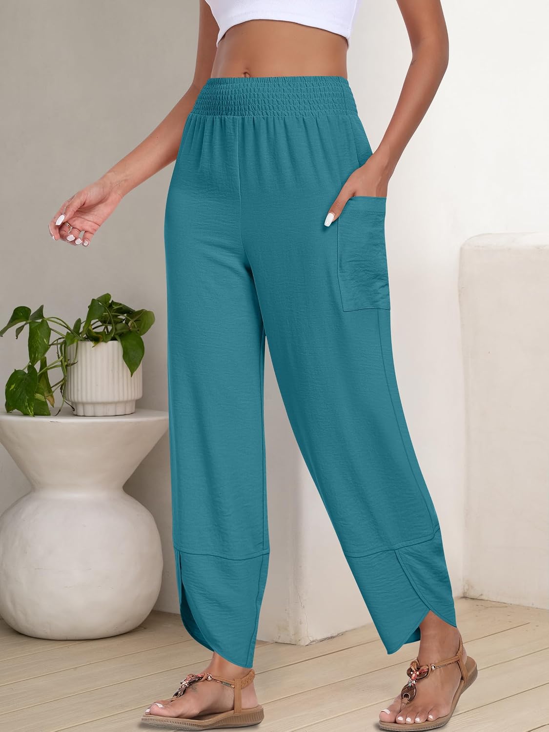 Detalle 2 de ANRABESS Women’s Wide-Leg Palazzo Capri Pants (Summer High-Waisted) — Loose, Cropped Lounge Trousers