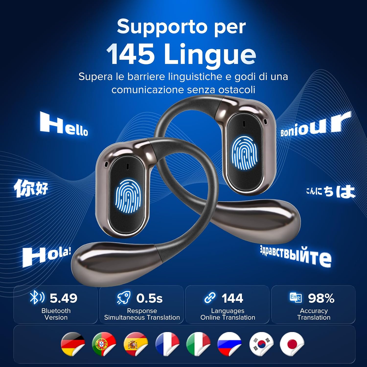 Detalle de Cuffie Traduttore con Traduzione Simultanea a 145 Lingue – Auricolari Bluetooth 5.4 con ANC e AI integrata