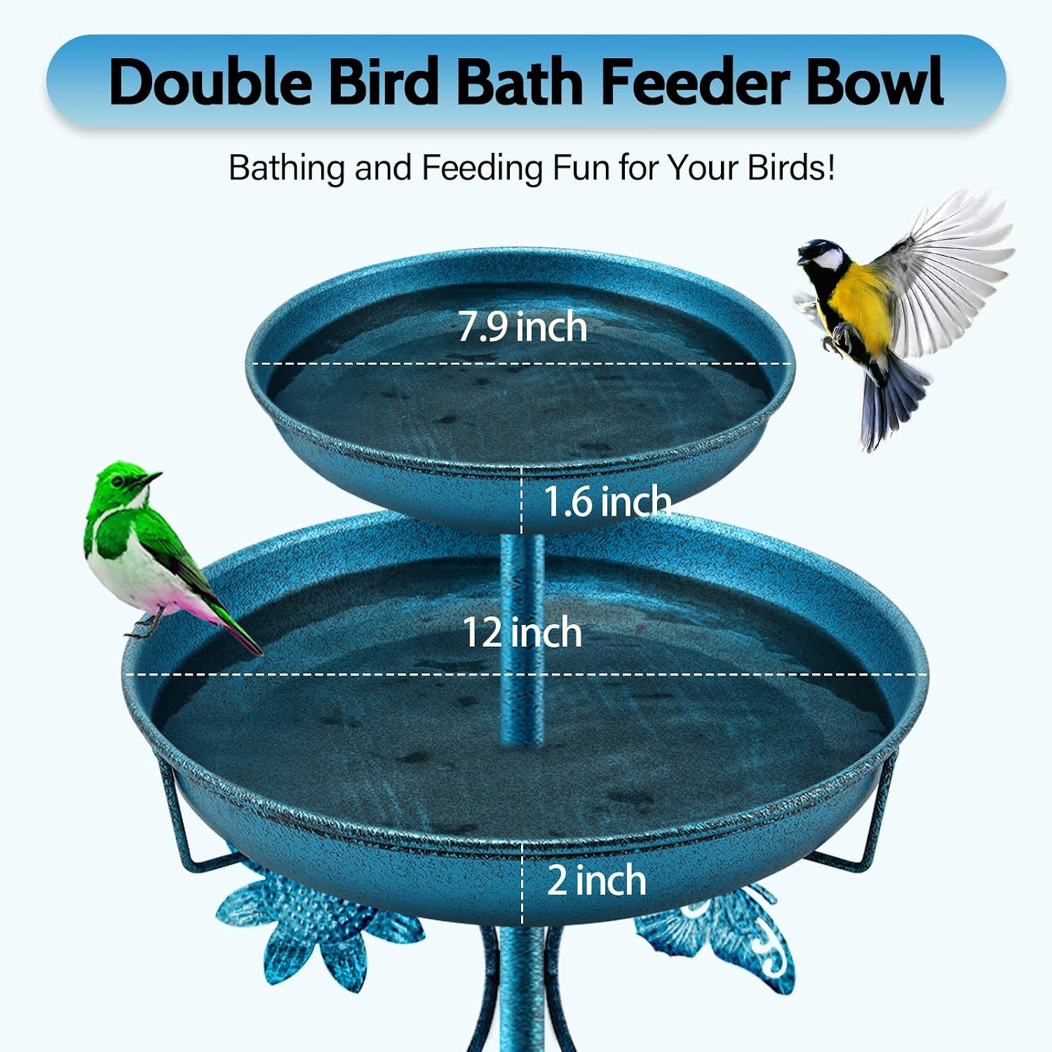 Thumbnail 1 de Yepper 42in Double Vintage Metal Bird Bath with Feeder Bowl, Freestanding Outdoor Garden Patio Yard Decor (Blue)