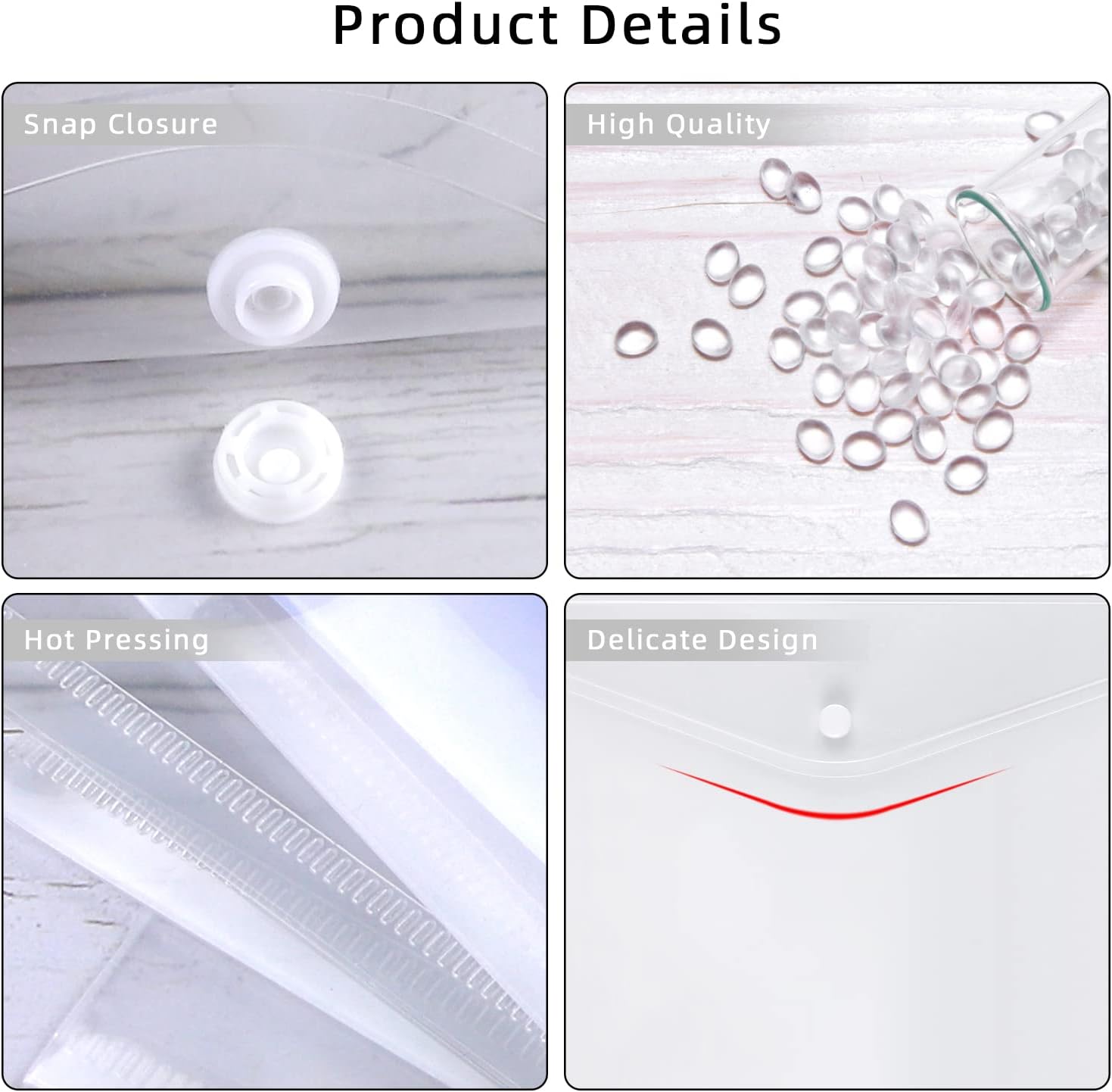 Detalle 2 de Clear Plastic Wallets A4 – 36 Pack with Button Popper and Label Pocket