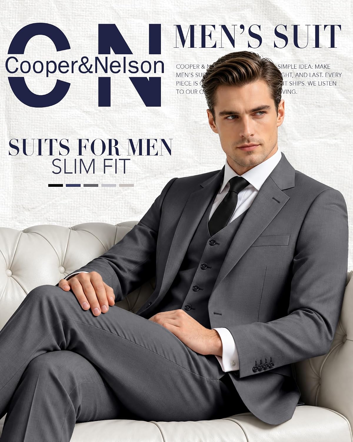 Detalle 2 de Cooper & Nelson 3-Piece Men's Slim-Fit Suit Set with Tie