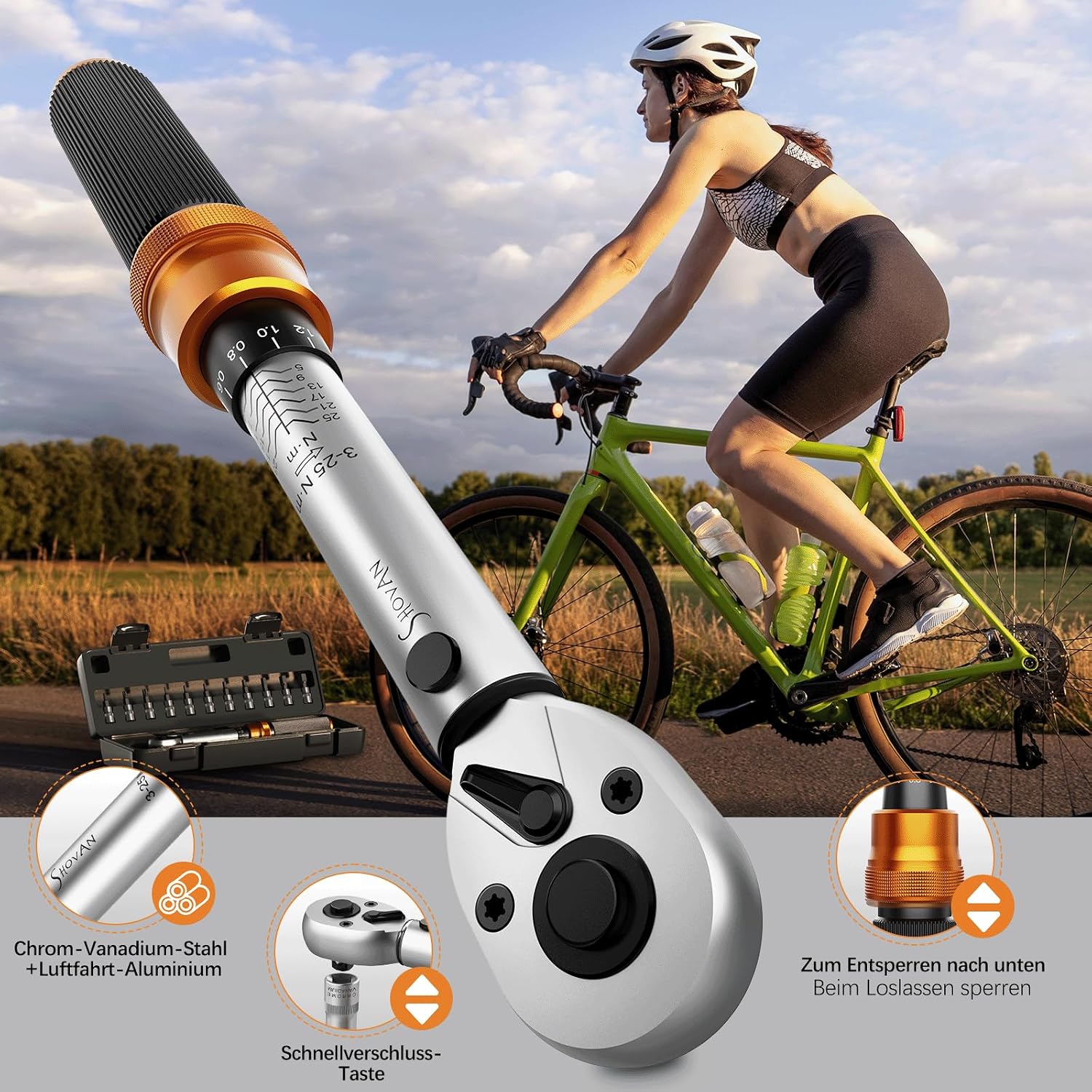Detalle de 13TLG Klein Drehmomentschlüssel Fahrradset 3–25 Nm, 1/4 Zoll mit 72-Zähne Ratsche und Verlängerung 10 cm