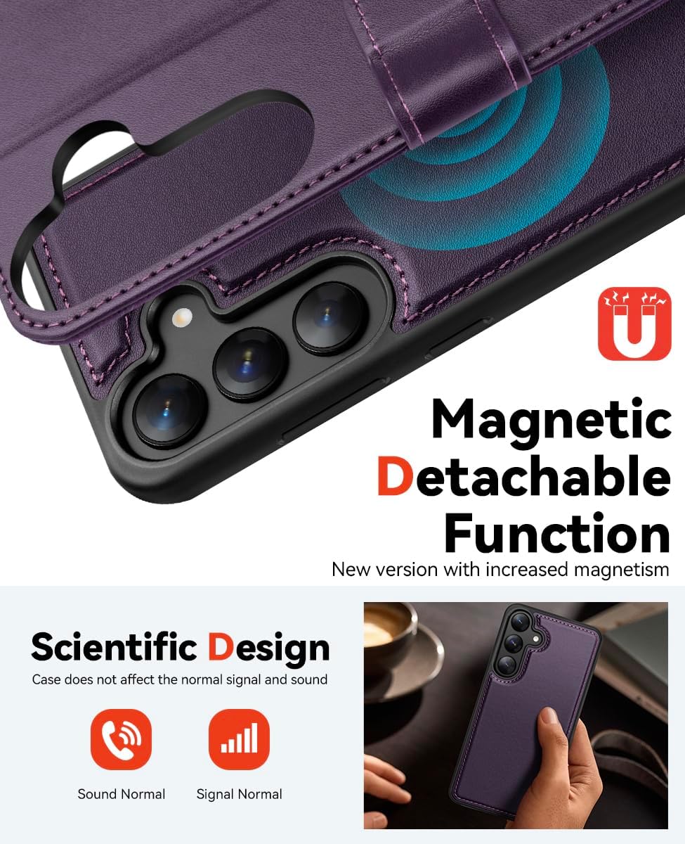 Detalle de OCASE kompatible Hülle für Samsung Galaxy S25 Plus (2in1) mit abnehmbarem Magnet-Flip, Kartenfach & RFID-Schutz – dunkelviolett