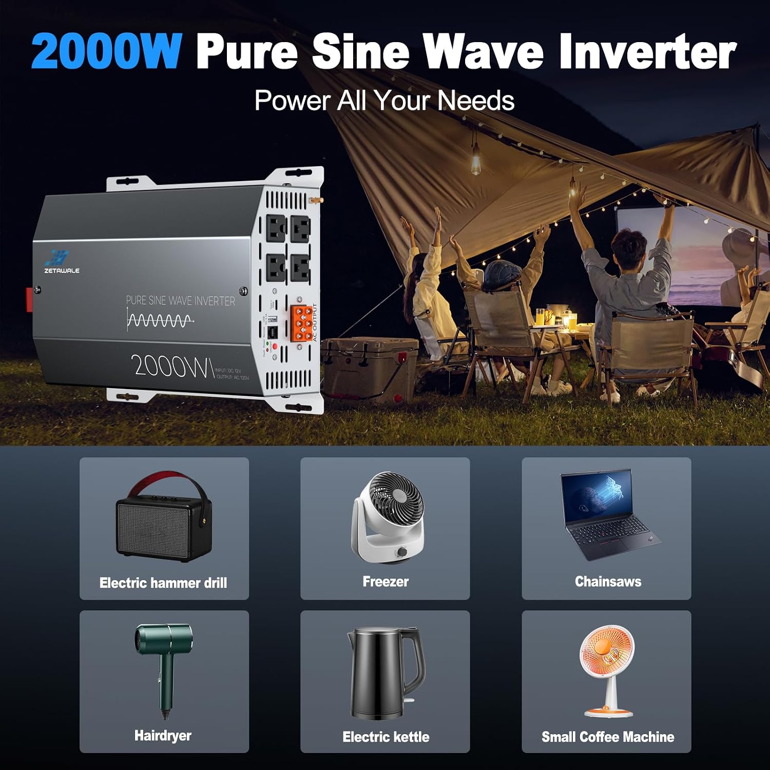 Detalle 2 de ZETAWALE 2000W Pure Sine Wave Inverter (12V DC to 110/120V AC) with LCD Remote, USB & Type-C, 4 AC Outlets