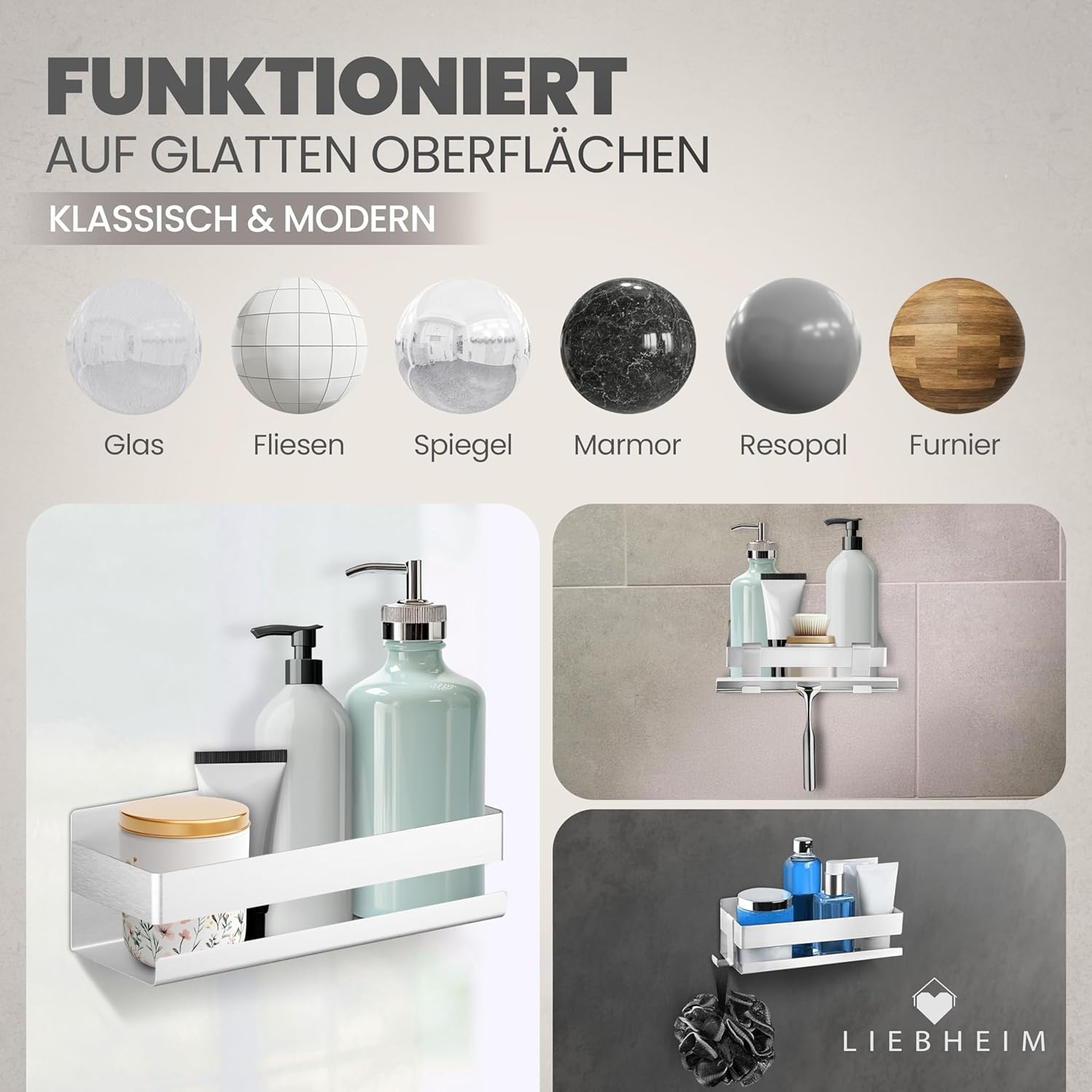 Thumbnail 5 de LIEBHEIM Duschablage ohne Bohren (Badregal/Duschregal) silber gebürstet – Organizer für Dusche