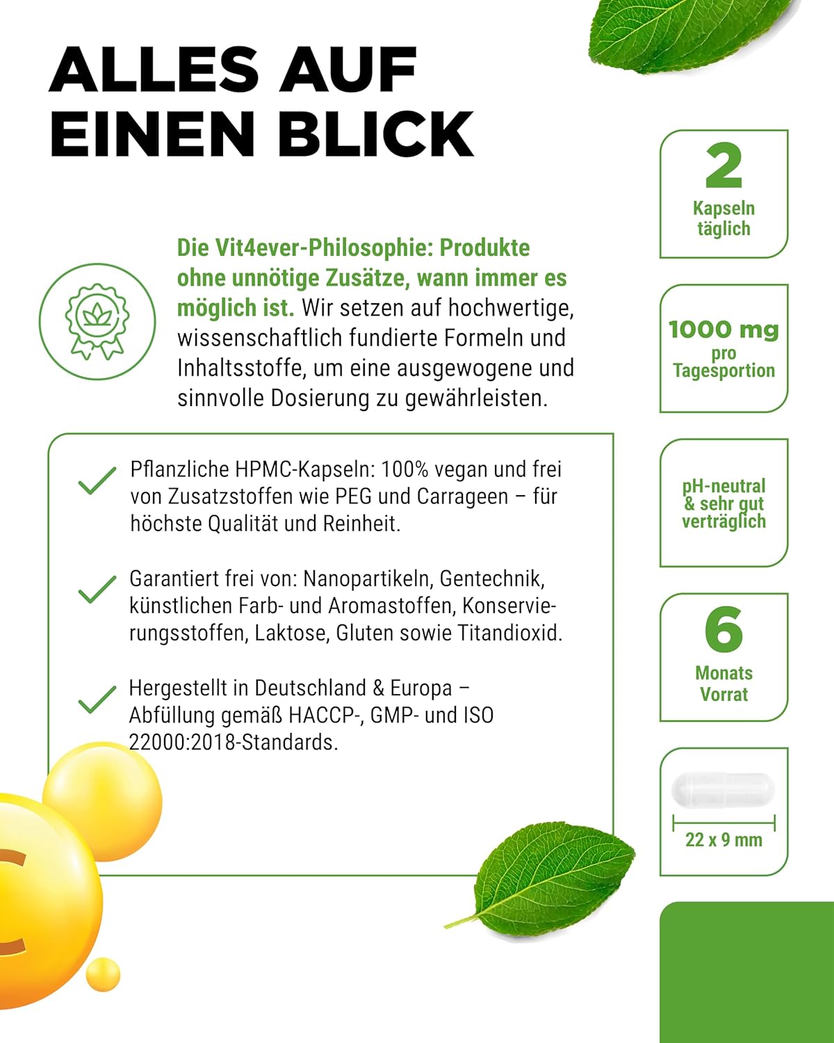 Detalle 2 de vit4ever Vitamin C gepuffert 1000 mg (pH-neutral, säurefrei) – 365 vegane Kapseln
