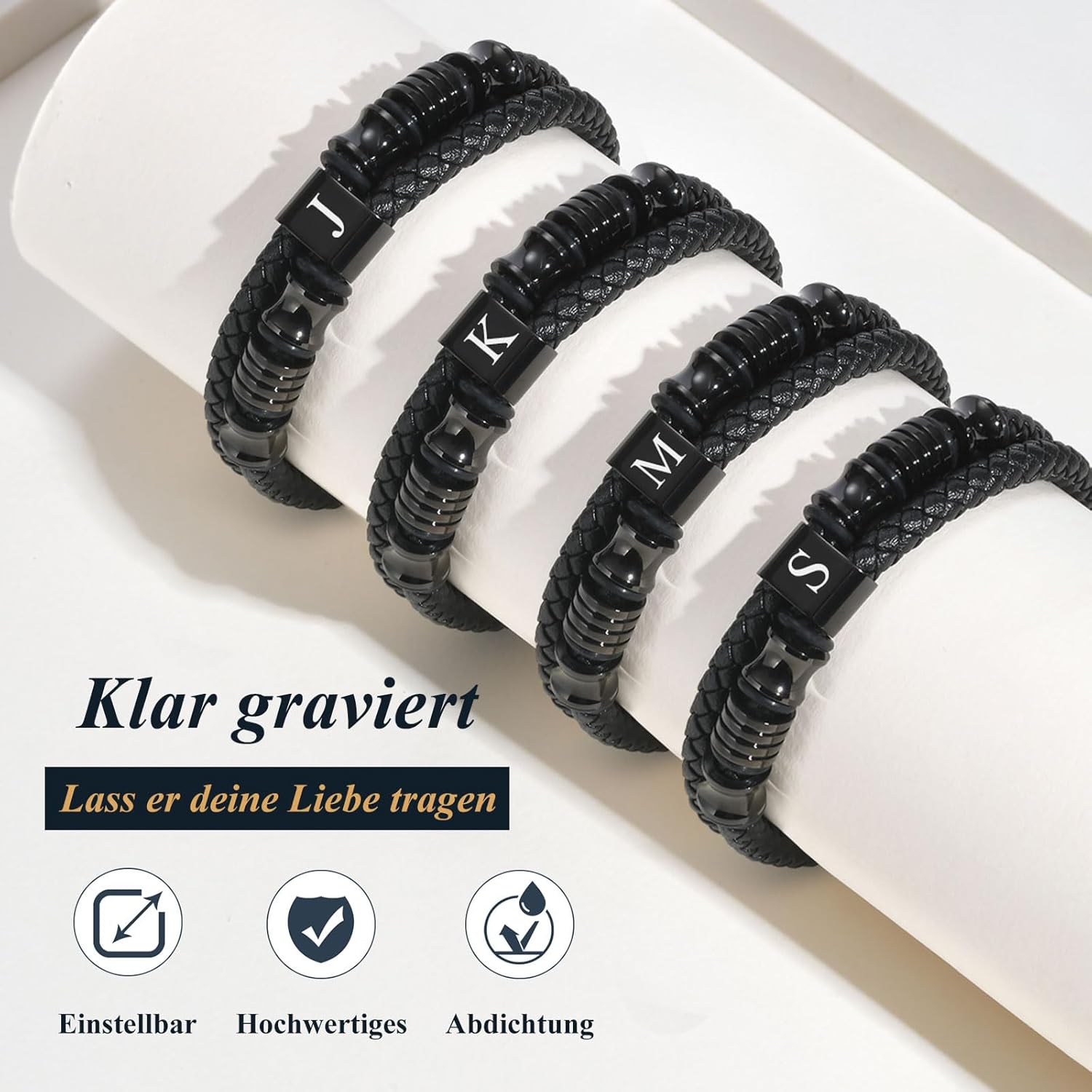 Thumbnail 1 de Herren Lederarmband mit Buchstaben (A–Z) und Gravur, schwarz – personalisiertes Armband aus Edelstahl & Leder