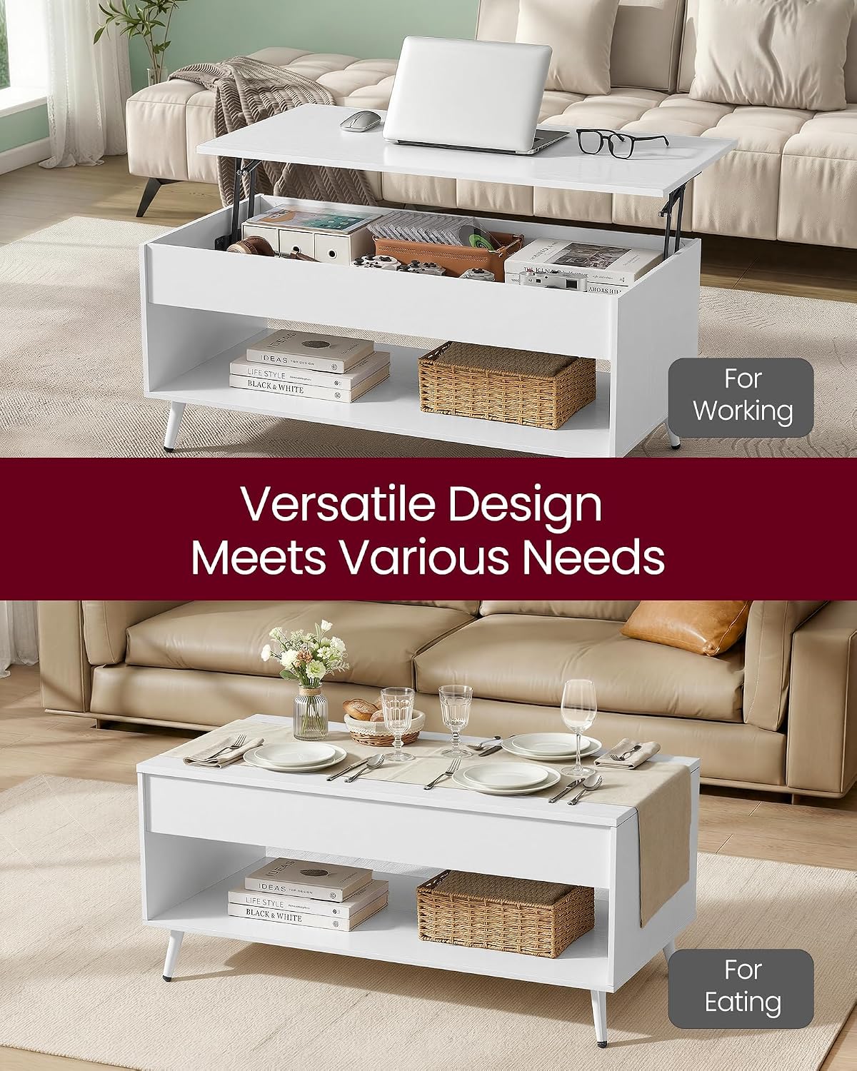 Detalle de VASAGLE LCT267WE01 Adjustable Coffee Table with Hidden Storage, Snow White