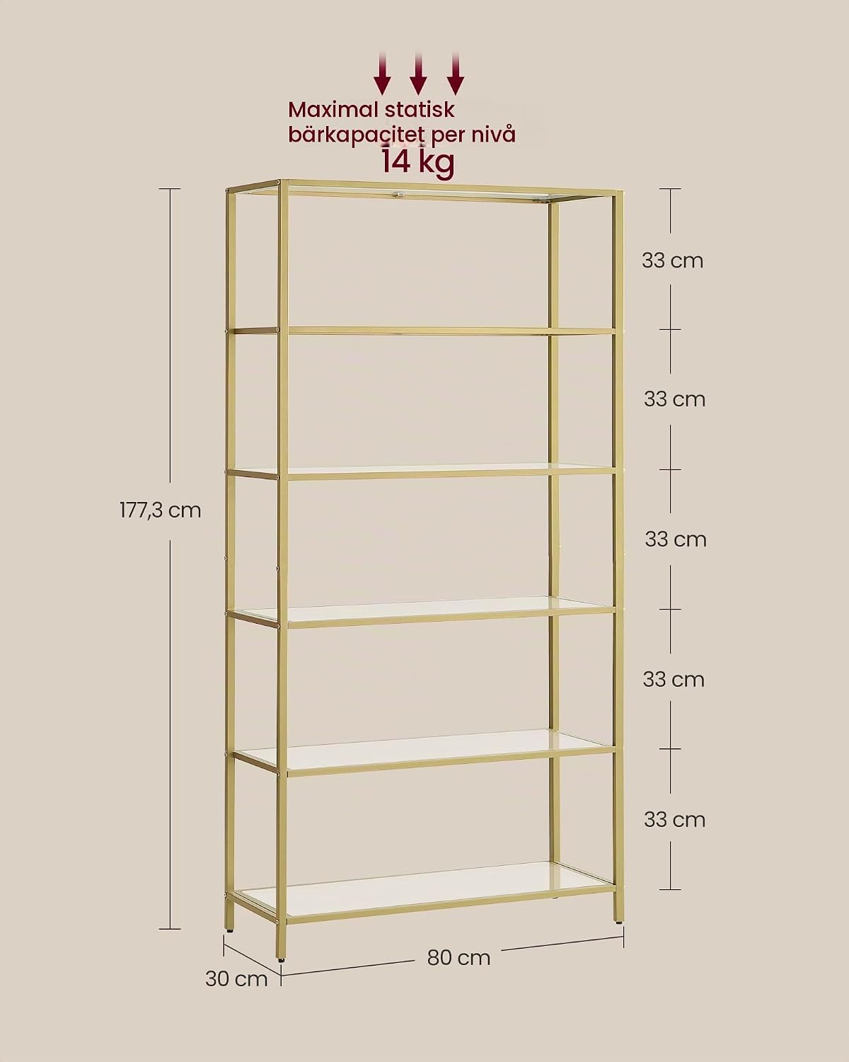 Detalle de VASAGLE LGT503A01 glashylla med 6 nivåer i härdat glas och guldfärgad metall