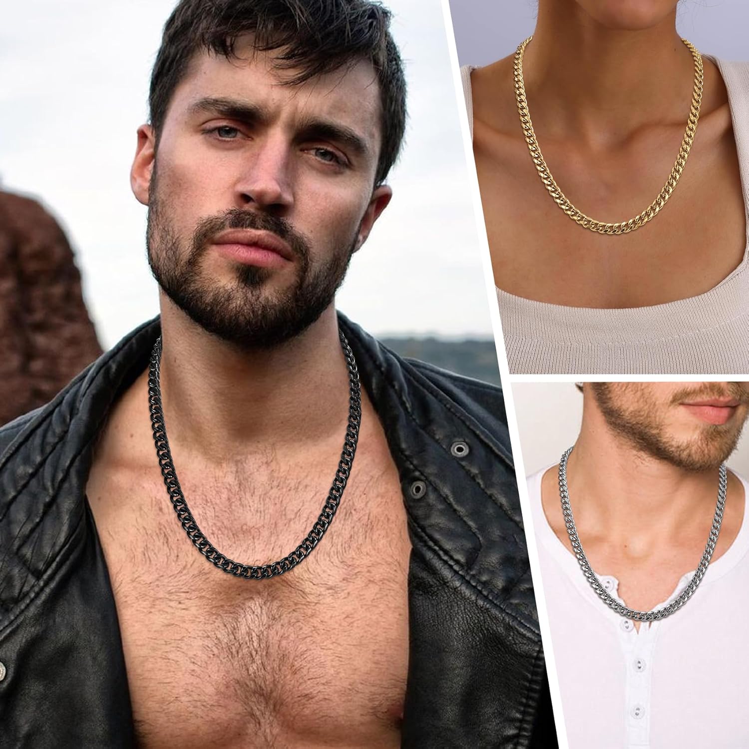 Detalle de HSWYFCJY kubanische Halskette Herren 3–8 mm Edelstahl – 45–65 cm in Silber, Gold oder Schwarz