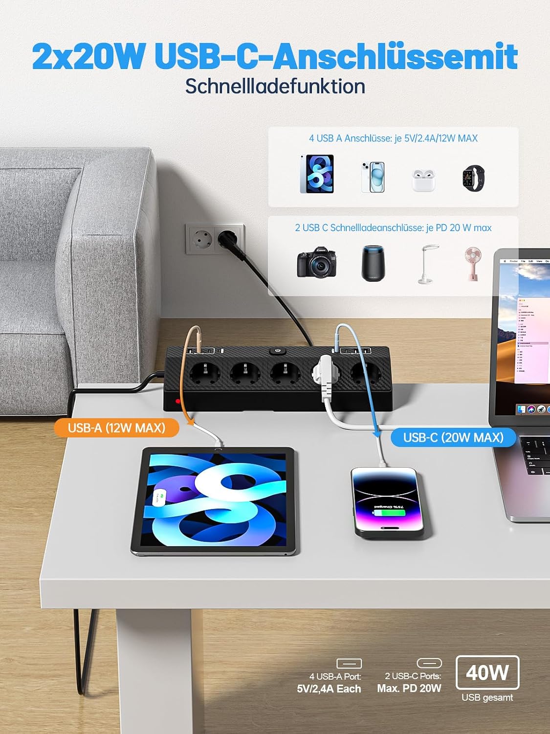 Detalle de PASSUS Tischsteckdose Steckdosenleiste mit Überspannungsschutz (4000 W / 16 A), 4 USB‑C & USB‑A, 2 m Kabel, schwarz