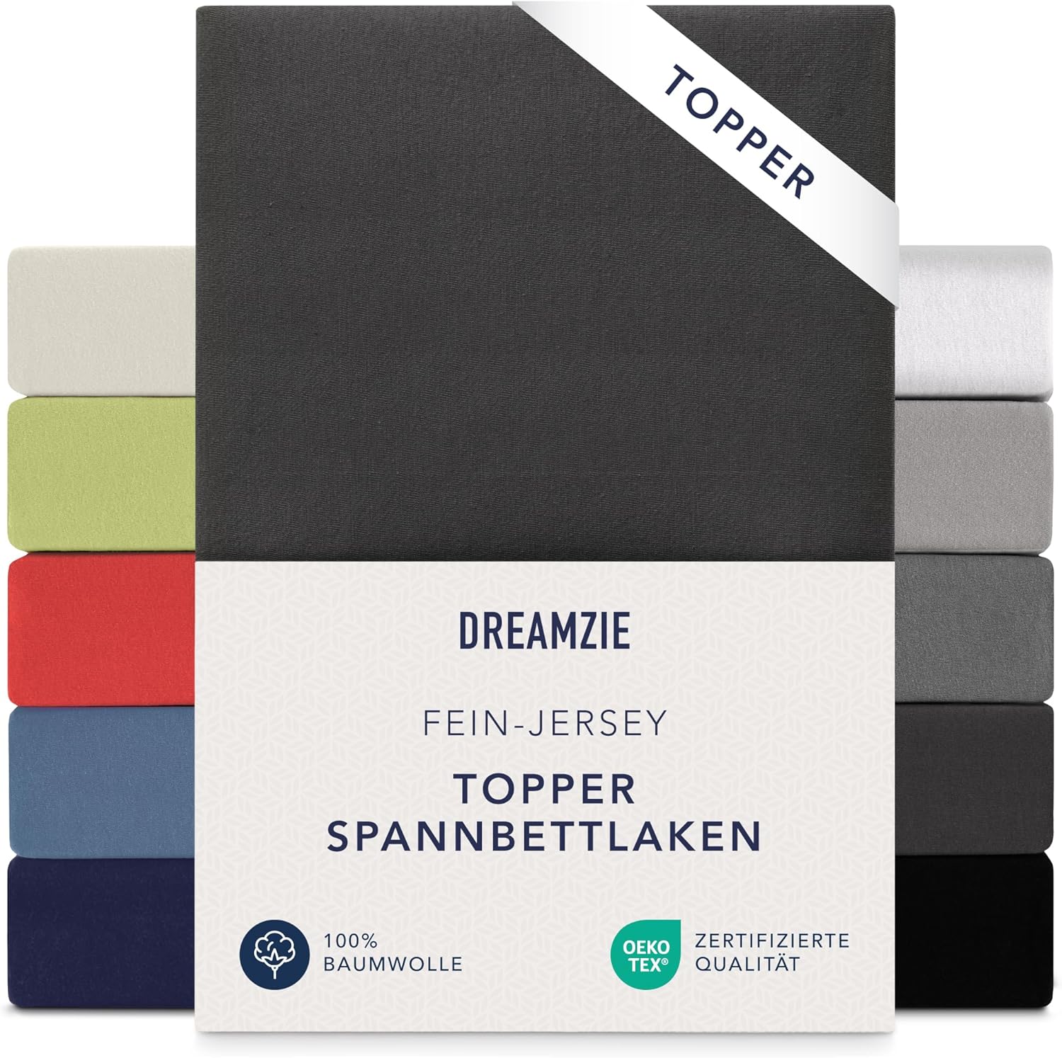 Detalle de Dreamzie Premium Topper Spannbettlaken 140x200 cm / 160x200 cm – Jersey Baumwolle, OEKO-TEX, extra niedrige Seitenhöhe