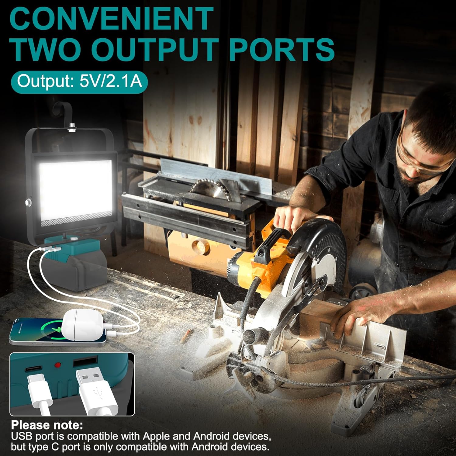 Thumbnail 1 de NATPOW Cordless LED Work Light (2 Pack) for Makita 18V batteries – USB & Type C charging