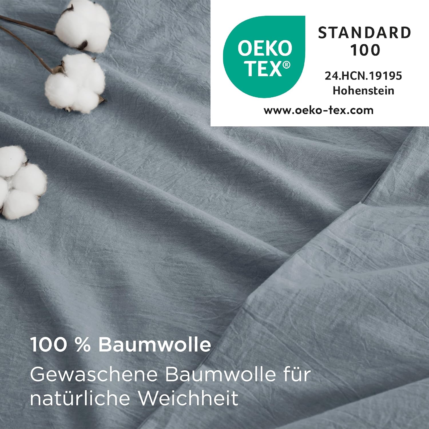 Detalle de BEDSURE Bettwäsche 155x220 cm aus Baumwolle, 3-teilig – Sommer-Set in Graublau, Wasch-Leinen-Textur, 100% gekämmte Baumwolle, mit Reißverschluss
