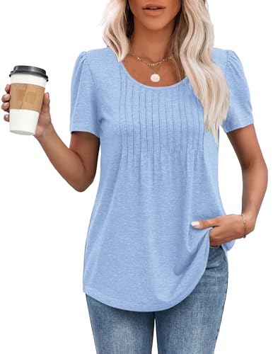 Detalle de MOLERANI Ladies Tops Round Neck Loose Casual Pleated T Shirt Sky Blue (Size M)
