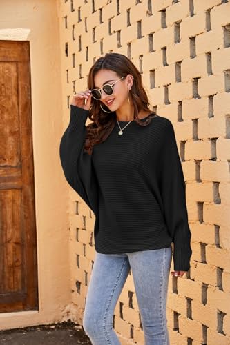 Detalle 2 de Fessceruna Damen-Oversize-Strickpullover mit Fledermausärmeln, Rundhals und Rippstruktur, Schwarz, L