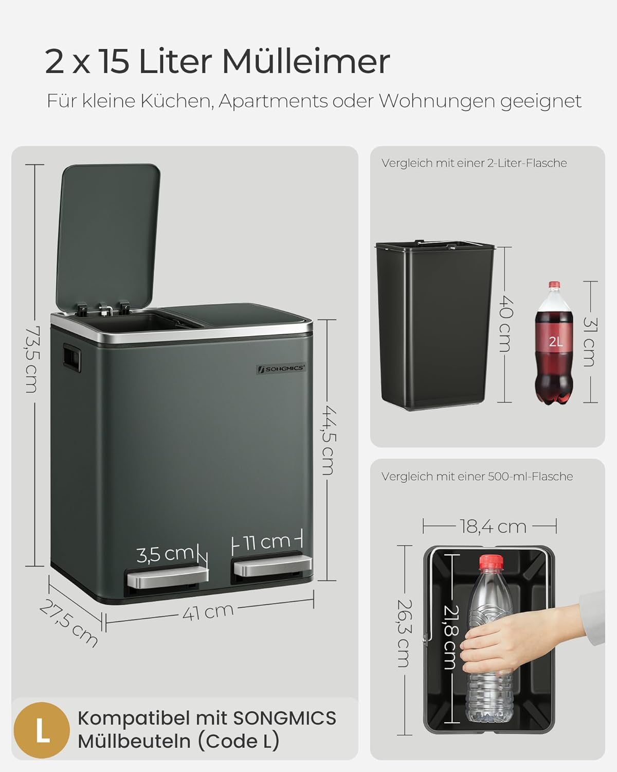 Detalle 2 de SONGMICS Mülleimer Küche 2 x 15 Liter – langlebiges Mülltrennsystem mit Fußpedal, Softclose-Deckel und 15 Müllbeutel, grüngrau LTB30GS