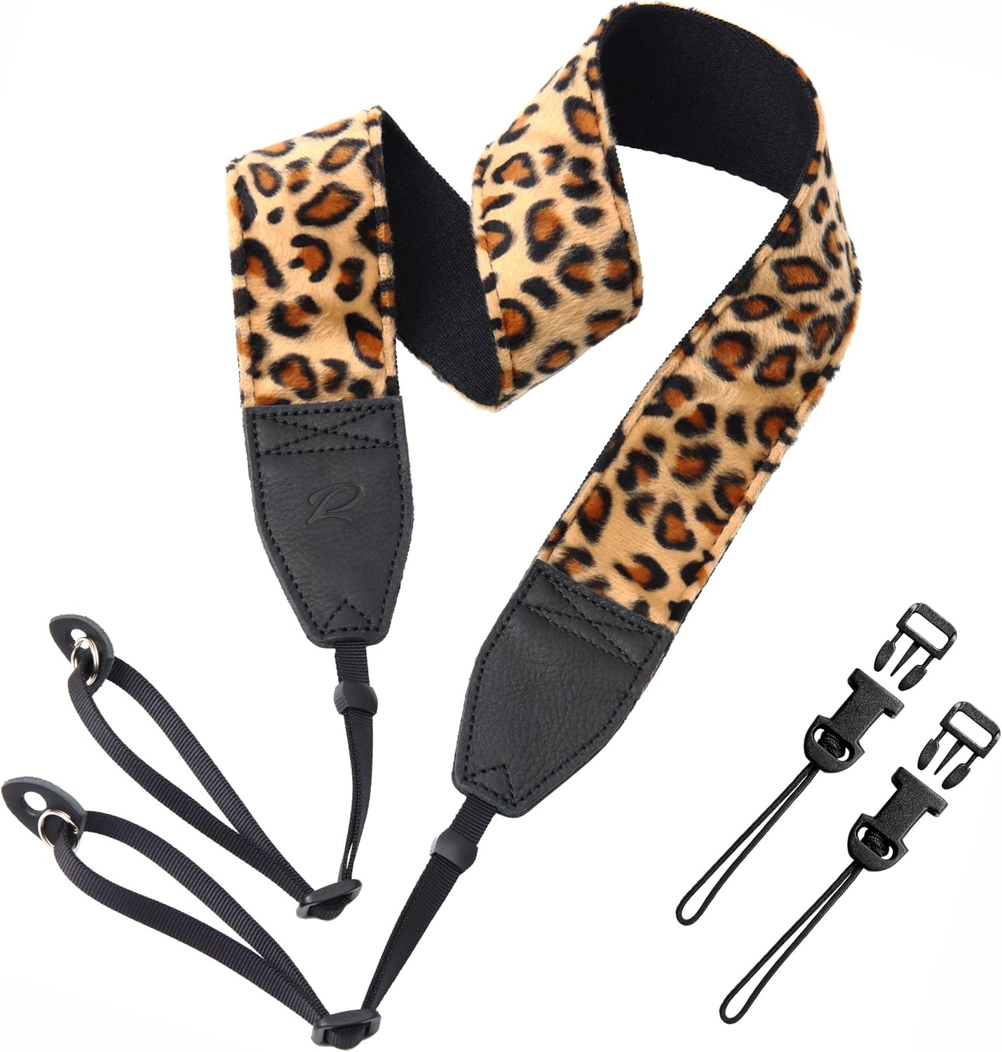 Detalle de Padwa Lifestyle Leopard Print Velvet Camera Strap – 2" Double Layer Full Grain Cowhide Head, Adjustable 32–61