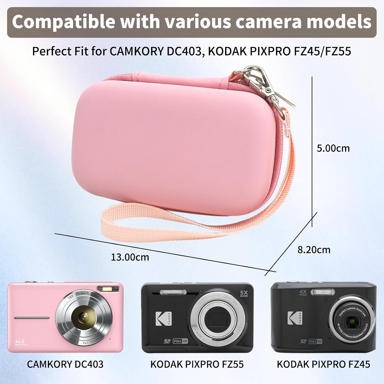 Detalle de Rieibi Pink Hard-Shell Camera Case for Camkory, Kodak PIXPRO FZ55/FZ45 and Canon IXUS 285 HS – Small EVA Pouch with Wrist Strap