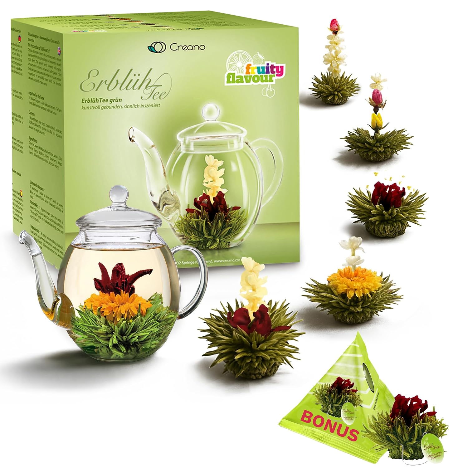 Detalle de Creano Teeblumen Geschenkset 8‑teilig – Erblühtee mit 500 ml Glaskanne und Bonuskugel