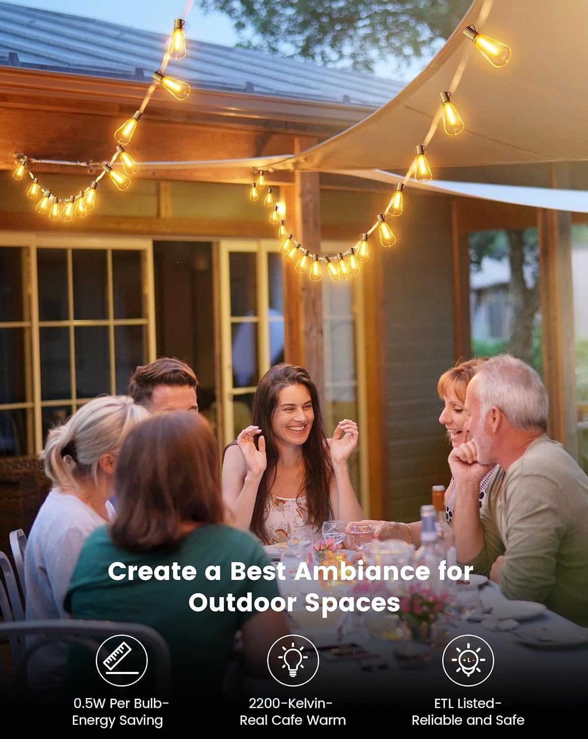 Detalle 2 de Torkase Outdoor String Lights Mains Powered 120ft with 62 Shatterproof ST38 LED Bulbs