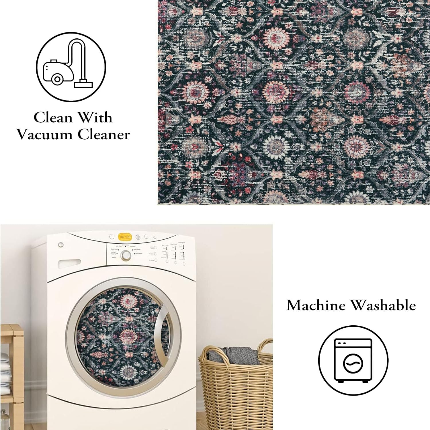 Detalle de Lahome Elise 2x4 Non-Slip, Washable Moroccan Trellis Rug (Black/Multi) for Entryway and More