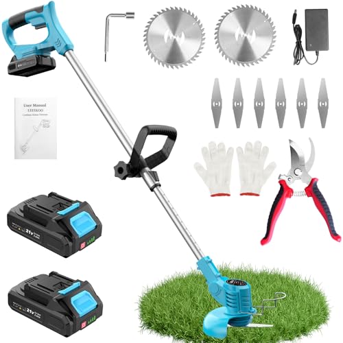 Detalle de Desbrozadora a batería 21V Leeikoo: kit completo con 2 baterías de 2.0Ah y cuchillas metálicas
