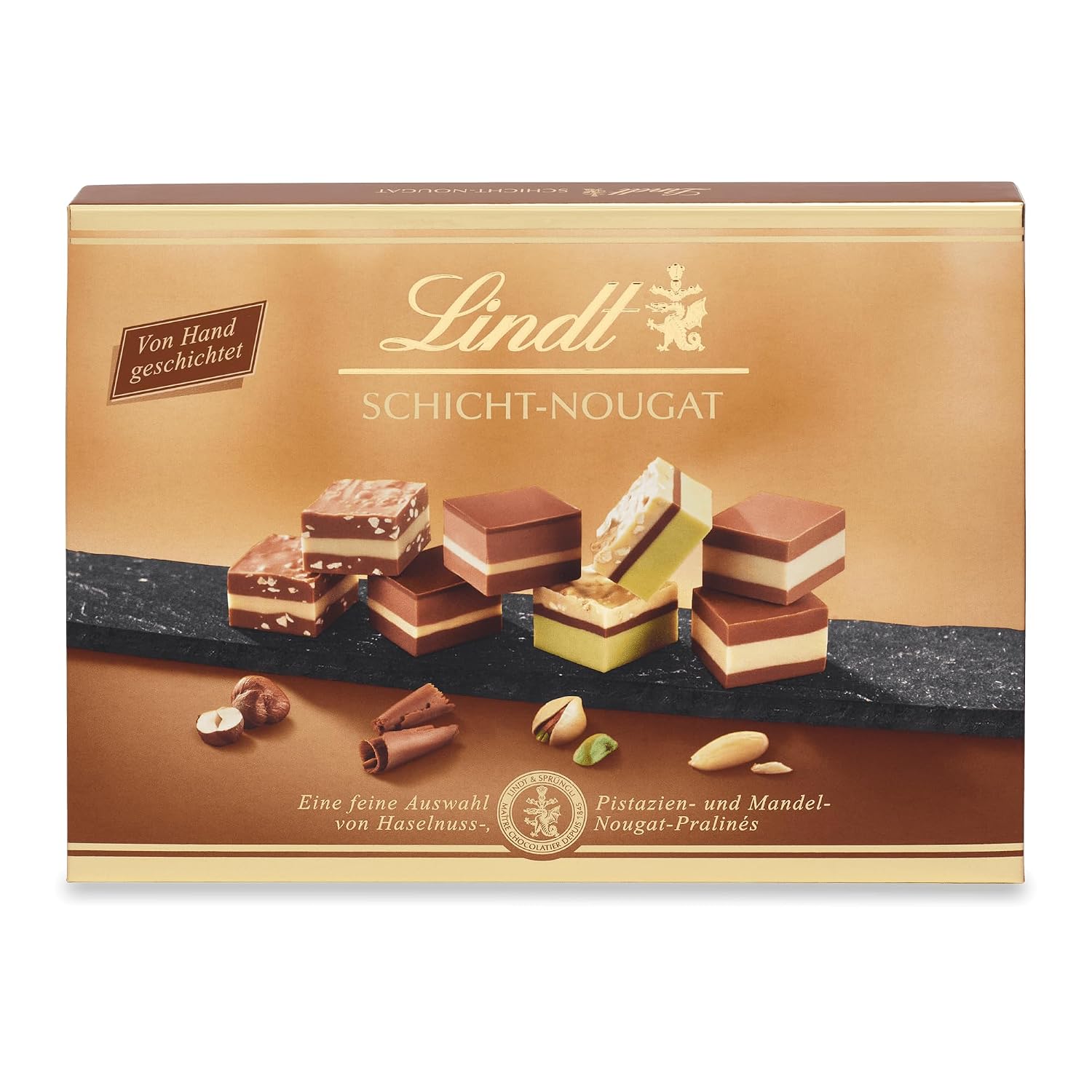 Detalle de Lindt Schicht Pralinen 125 g – Mandel-, Haselnuss- und Pistazien-Nougat Pralinés