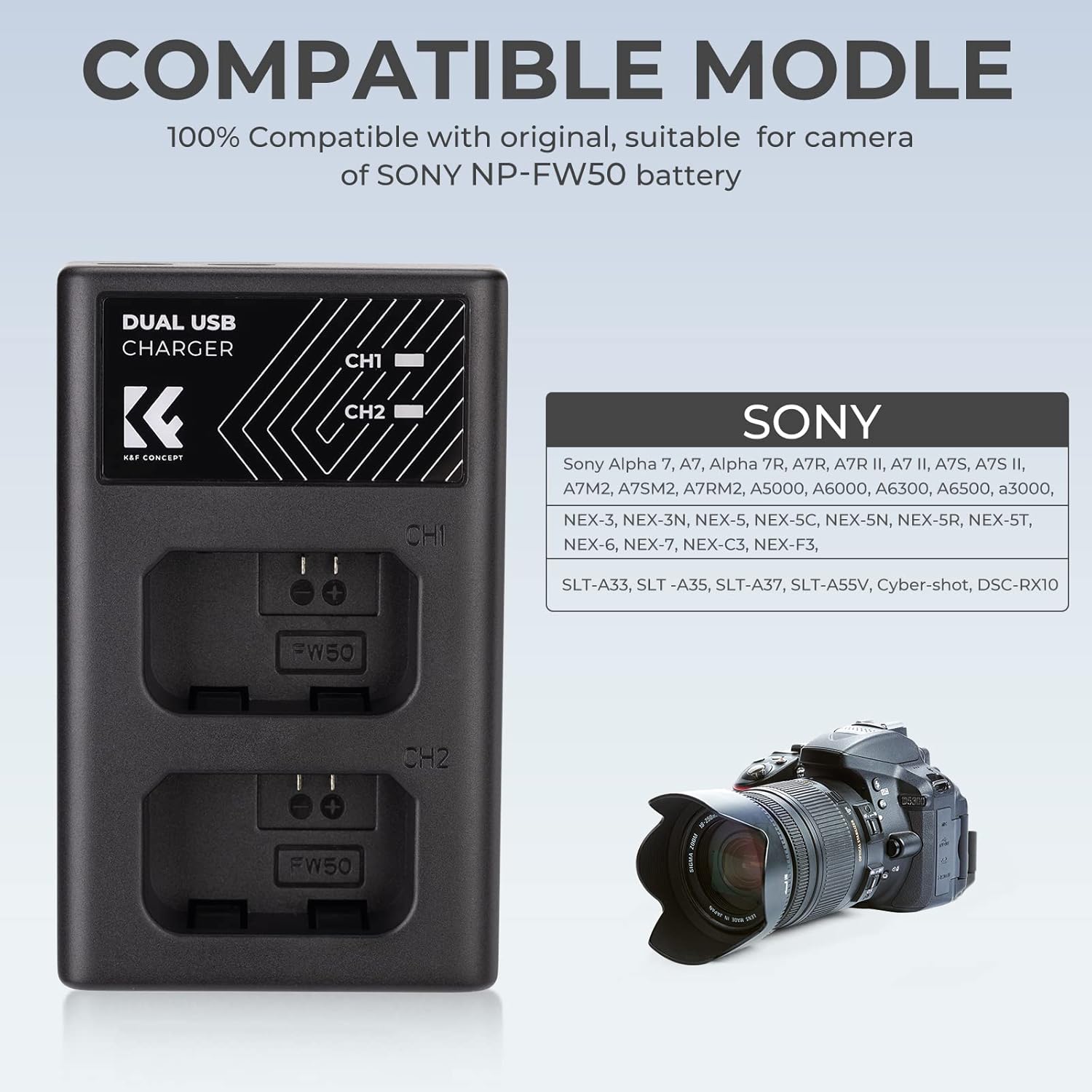 Thumbnail 5 de K&F CONCEPT NP-FW50 Dual Slot Ladegerät mit Typ-C & Micro-USB für Sony A6000/A6500/A6300 u. a.