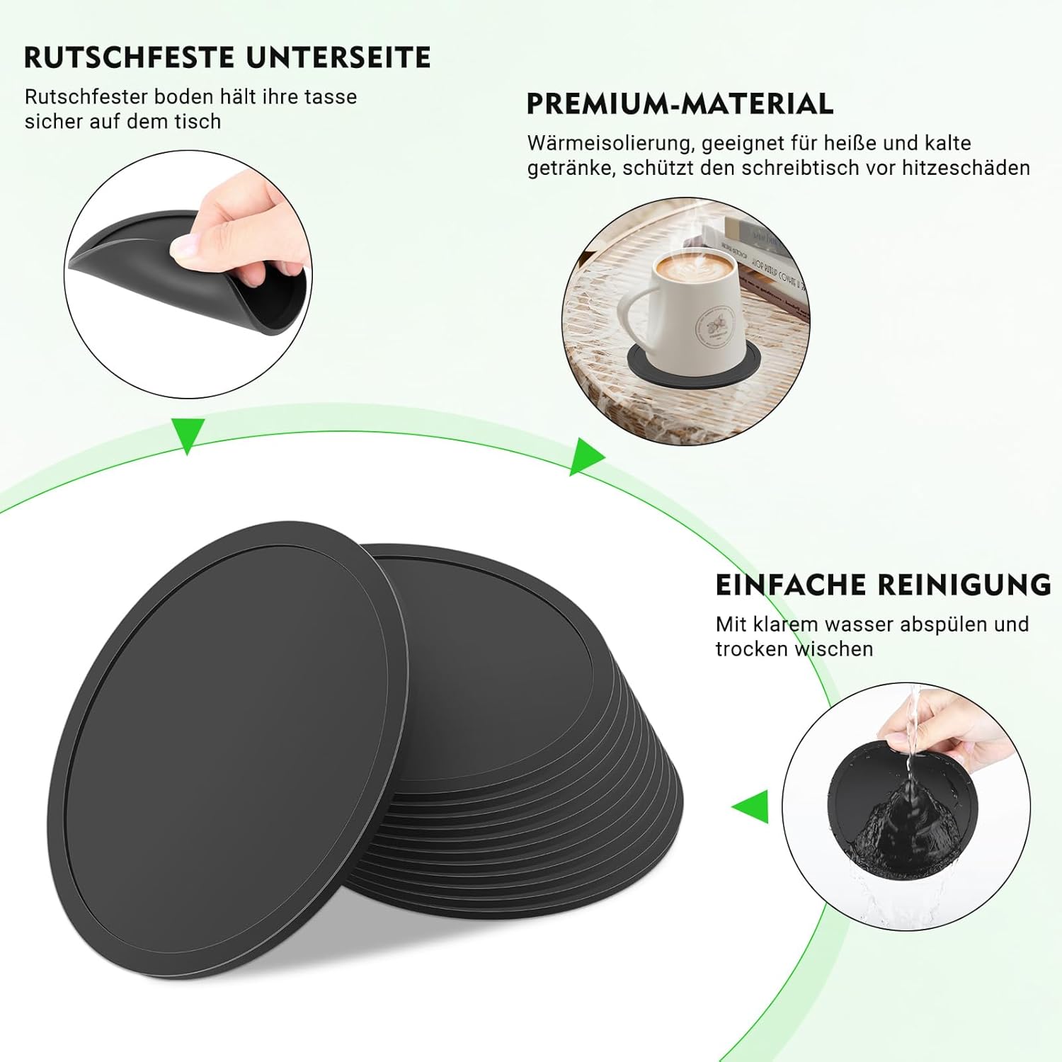 Thumbnail 2 de Pesutei 12er Set Glas-Untersetzer aus Silikon (10 cm) mit Edelstahlständer – schwarz, rutschfest und isolierend