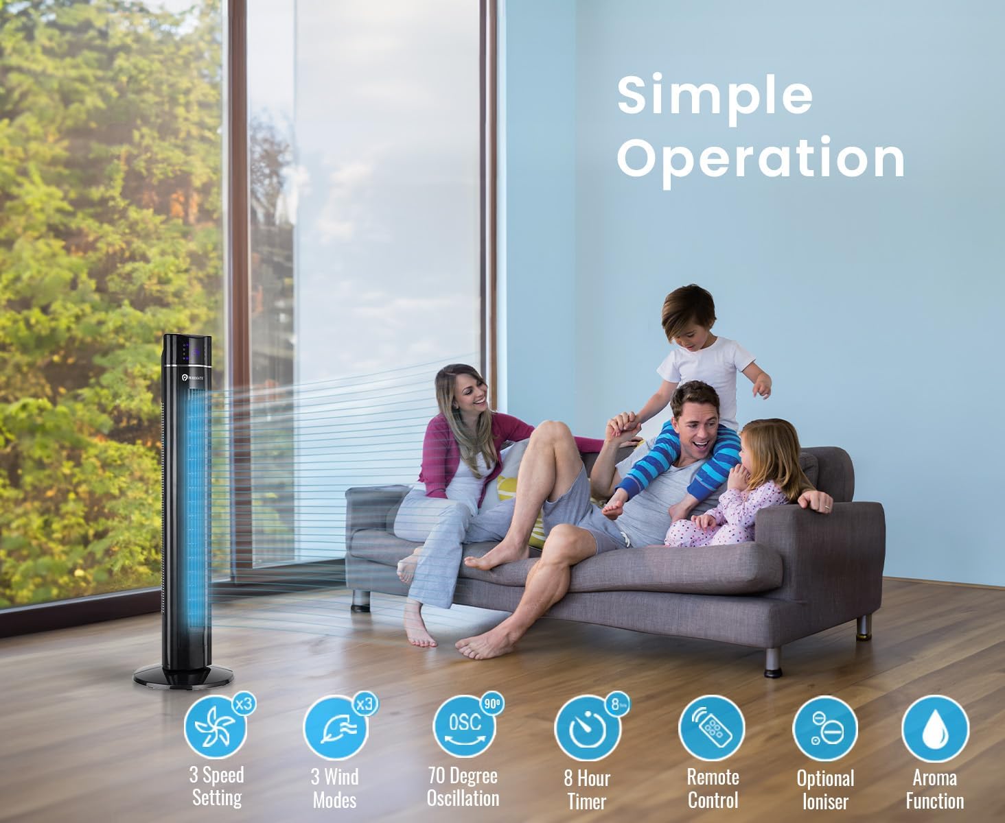 Detalle 2 de PureMate 43-inch Tower Fan with Air Purifier 8hr ⏳🌀