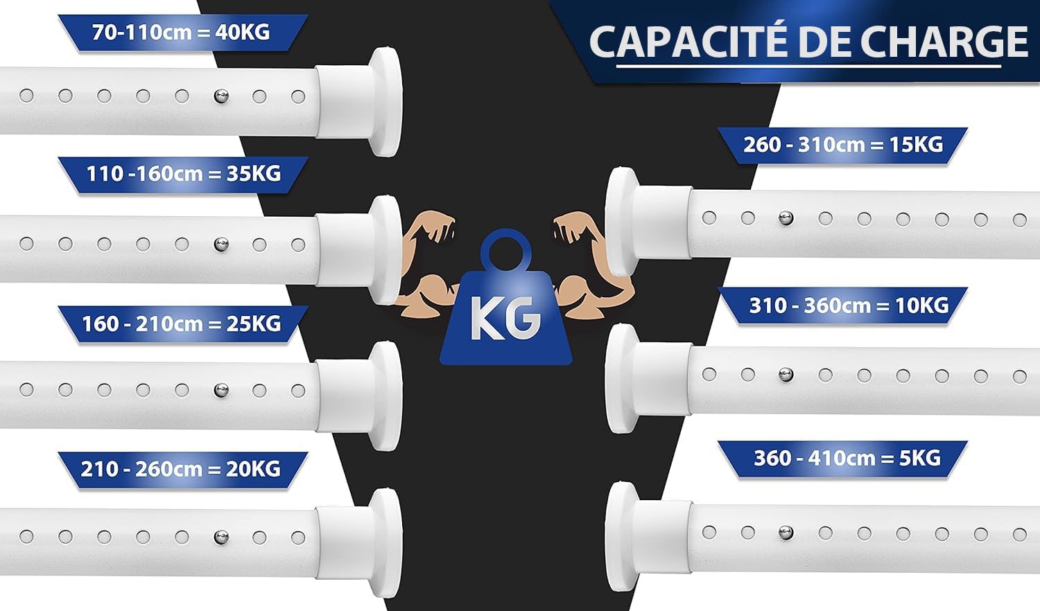 Thumbnail 4 de MEISENBERG Barre de Douche Extensible 310–360 cm, Sans Perçage, Ø32 mm - Blanc