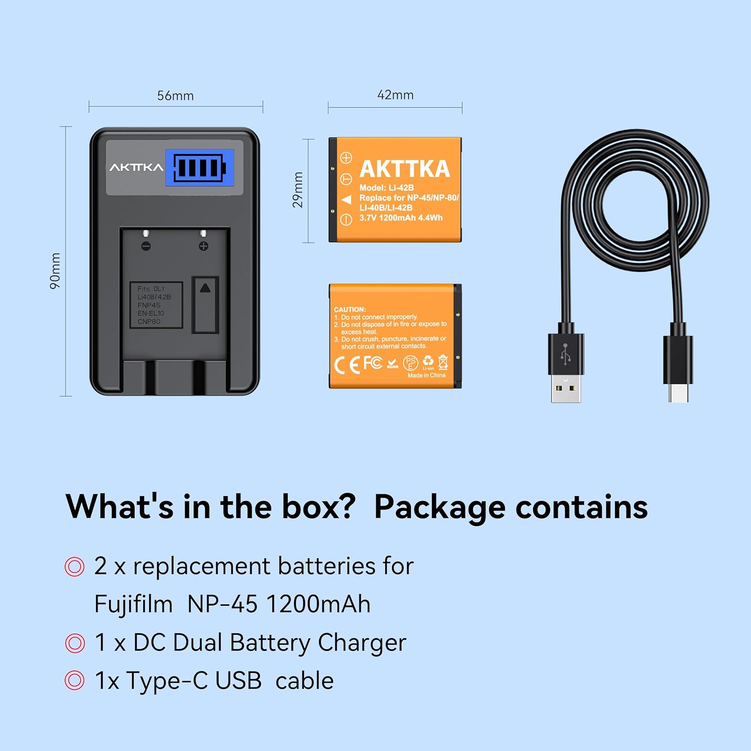 Detalle de Kit batterie AKTTKA NP-45 (2×1200mAh) con caricabatterie USB-C compatibile Olympus, Nikon e Fujifilm