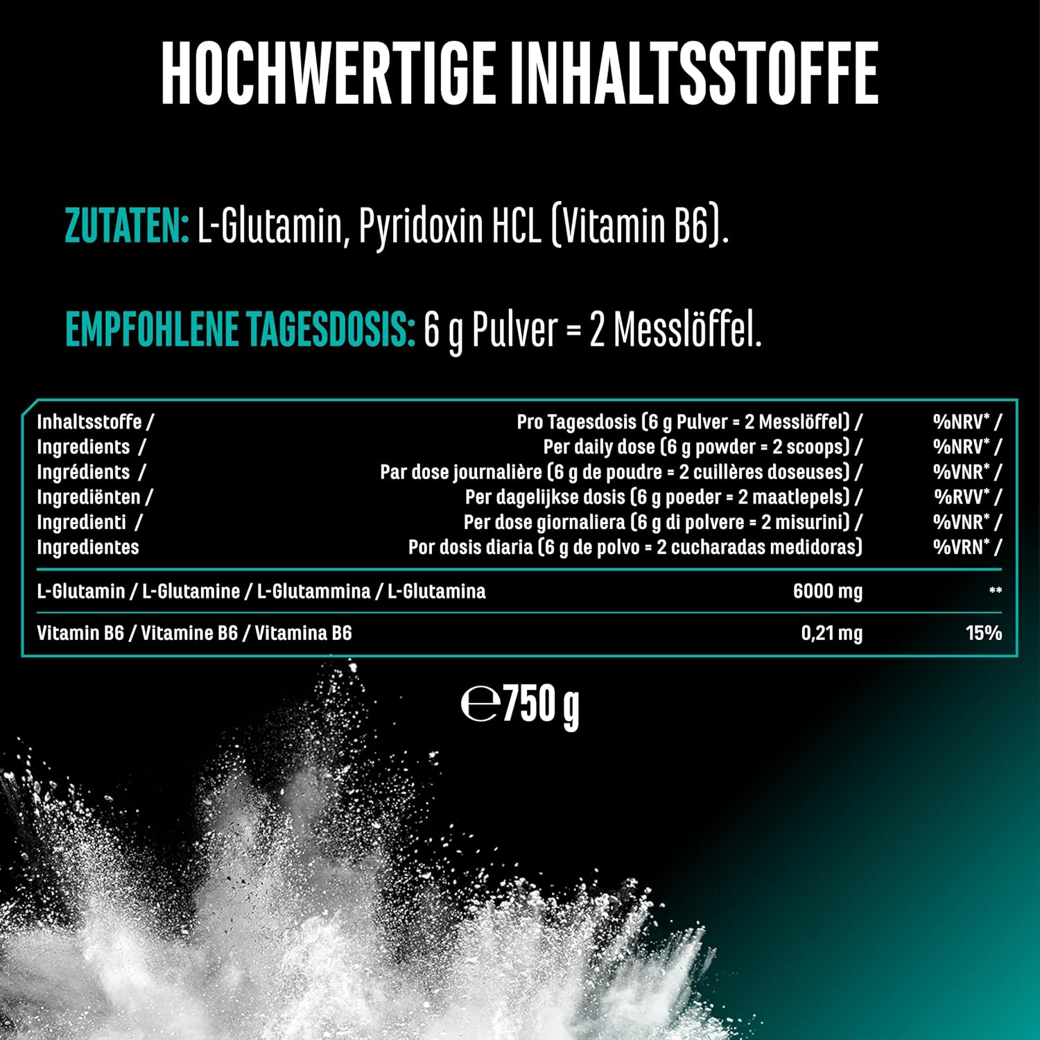 Detalle de L-Glutamin Pulver 750 g (Premium Qualität) – rein, vegan & unaromatisiert