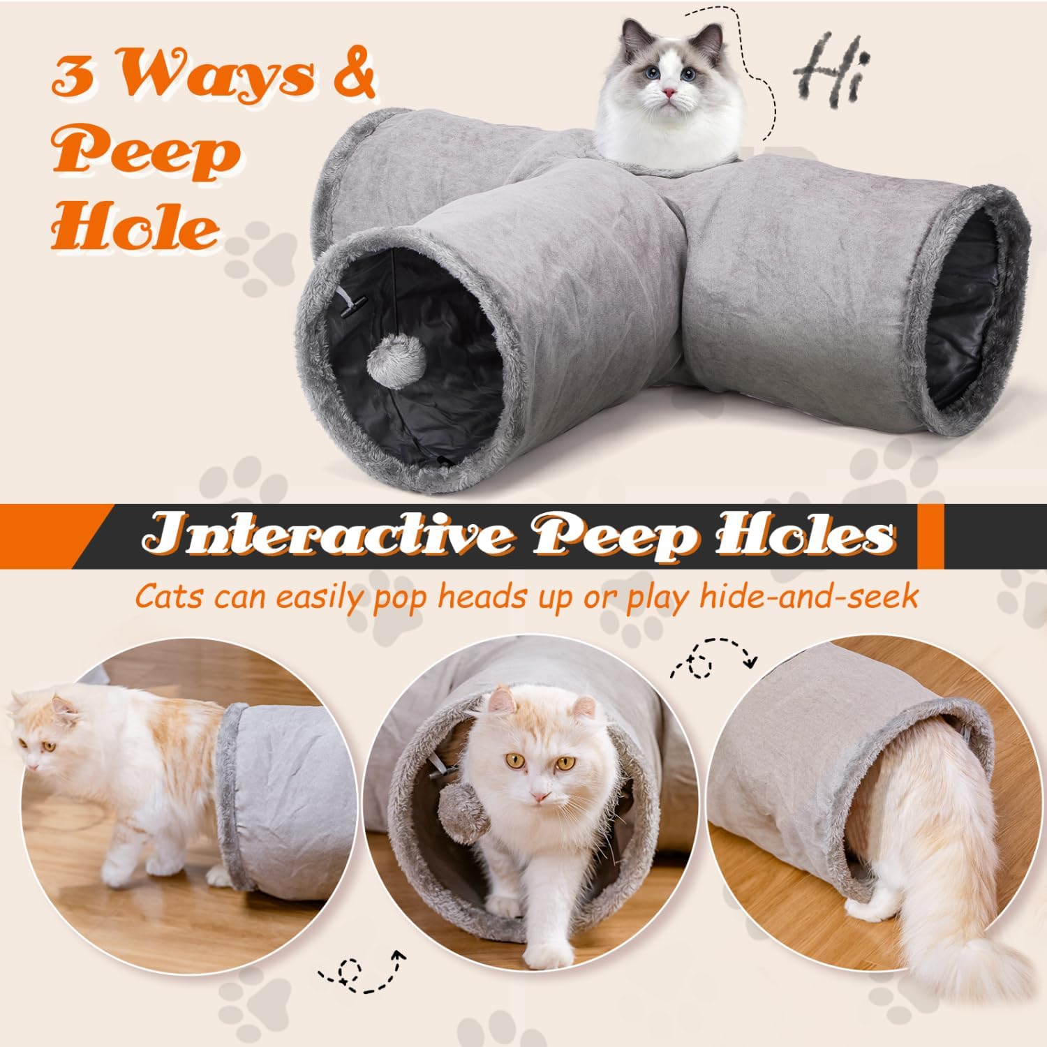 Detalle de Nobleza Katzentunnel 3-Wege – faltbar, mit Ball-Spielzeug und Guckloch (80 cm × 30 cm, Grau)